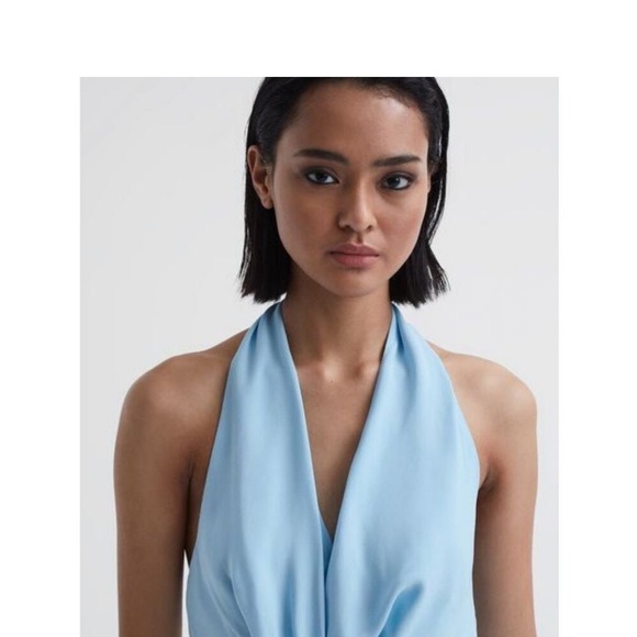 REISS AMBER HALTER NECK TIE DETAIL SILKY BLUE MIDI DRESS Size 6 NWT - Picture 4 of 11